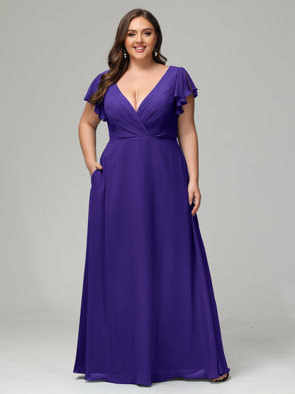V Neck Chiffon Plus Size Long Bridesmaid Dresses with Sleeves
