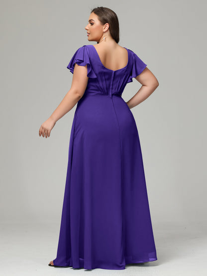V Neck Chiffon Plus Size Long Bridesmaid Dresses with Sleeves