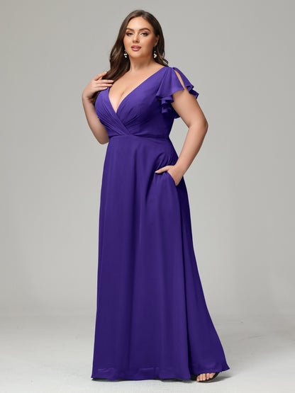 V Neck Chiffon Plus Size Long Bridesmaid Dresses with Sleeves
