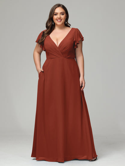V Neck Chiffon Plus Size Long Bridesmaid Dresses with Sleeves