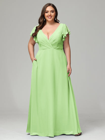 V Neck Chiffon Plus Size Long Bridesmaid Dresses with Sleeves