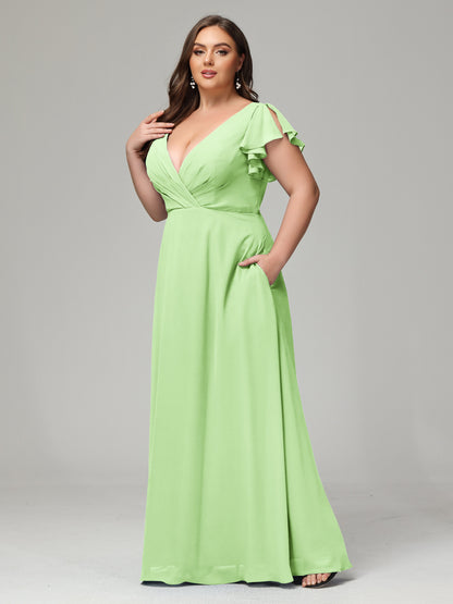 V Neck Chiffon Plus Size Long Bridesmaid Dresses with Sleeves