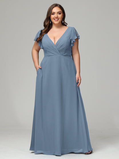 V Neck Chiffon Plus Size Long Bridesmaid Dresses with Sleeves