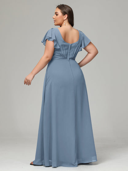V Neck Chiffon Plus Size Long Bridesmaid Dresses with Sleeves