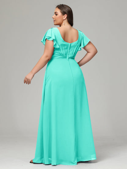 V Neck Chiffon Plus Size Long Bridesmaid Dresses with Sleeves