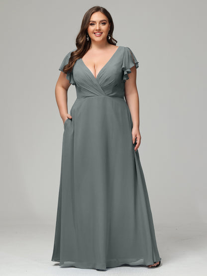 V Neck Chiffon Plus Size Long Bridesmaid Dresses with Sleeves