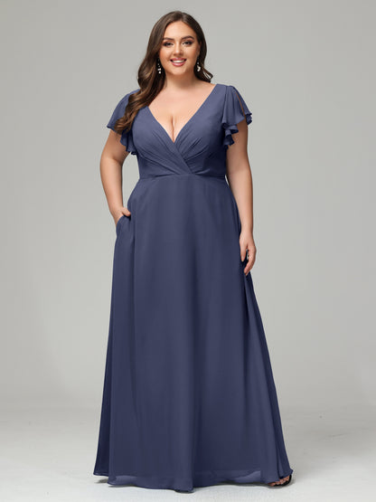 V Neck Chiffon Plus Size Long Bridesmaid Dresses with Sleeves