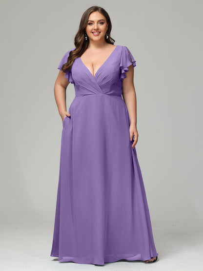 V Neck Chiffon Plus Size Long Bridesmaid Dresses with Sleeves