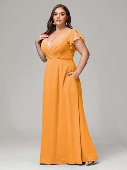 V Neck Chiffon Plus Size Long Bridesmaid Dresses with Sleeves