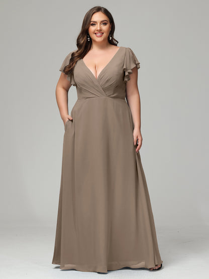 V Neck Chiffon Plus Size Long Bridesmaid Dresses with Sleeves