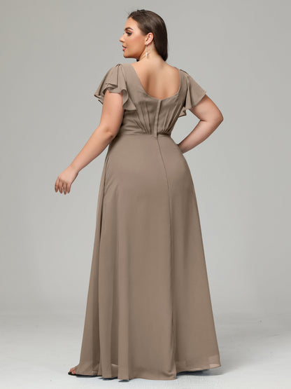 V Neck Chiffon Plus Size Long Bridesmaid Dresses with Sleeves