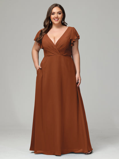 V Neck Chiffon Plus Size Long Bridesmaid Dresses with Sleeves