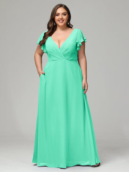V Neck Chiffon Plus Size Long Bridesmaid Dresses with Sleeves