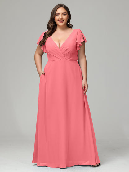 V Neck Chiffon Plus Size Long Bridesmaid Dresses with Sleeves