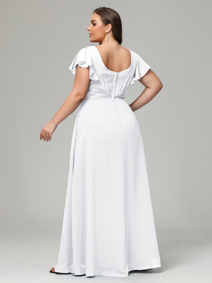 V Neck Chiffon Plus Size Long Bridesmaid Dresses with Sleeves