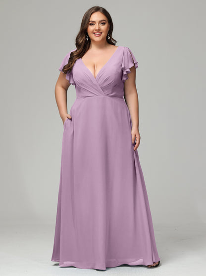 V Neck Chiffon Plus Size Long Bridesmaid Dresses with Sleeves