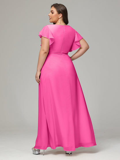 V-neck & Ruffled Sleeves Chiffon Bridesmaid Dress Plus Size