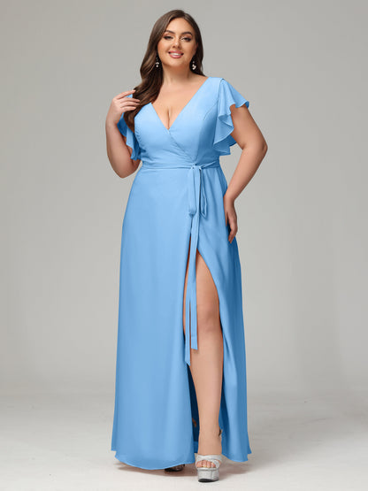 V-neck & Ruffled Sleeves Chiffon Bridesmaid Dress Plus Size