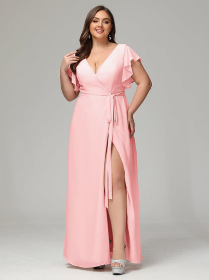 V-neck & Ruffled Sleeves Chiffon Bridesmaid Dress Plus Size