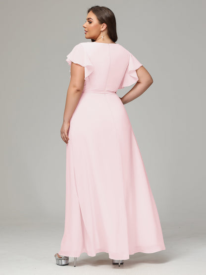 V-neck & Ruffled Sleeves Chiffon Bridesmaid Dress Plus Size