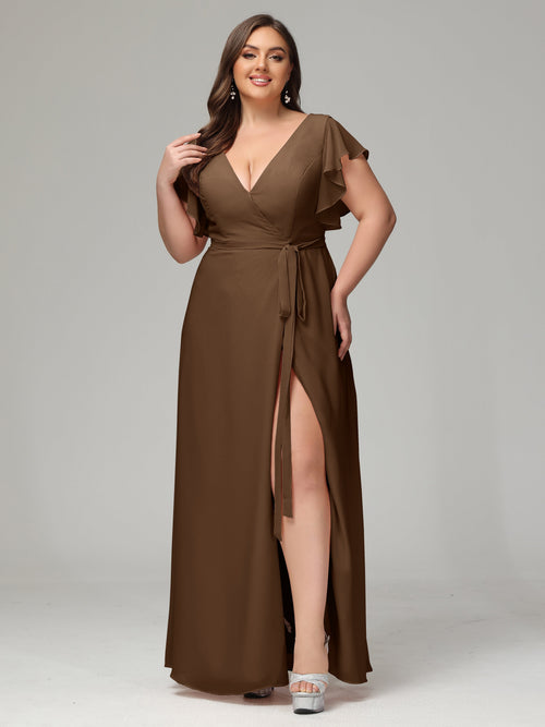 V-neck & Ruffled Sleeves Chiffon Bridesmaid Dress Plus Size