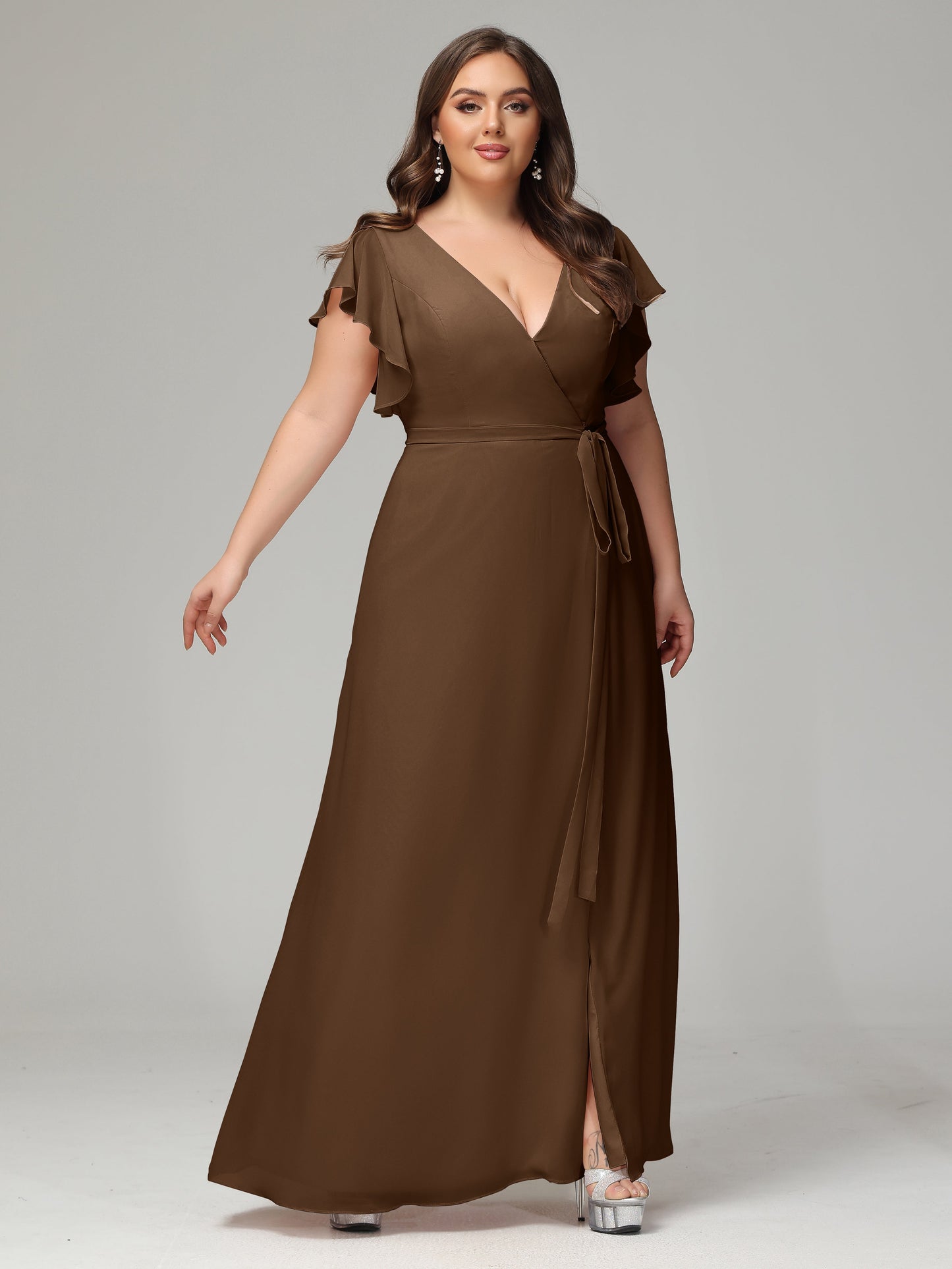 V-neck & Ruffled Sleeves Chiffon Bridesmaid Dress Plus Size