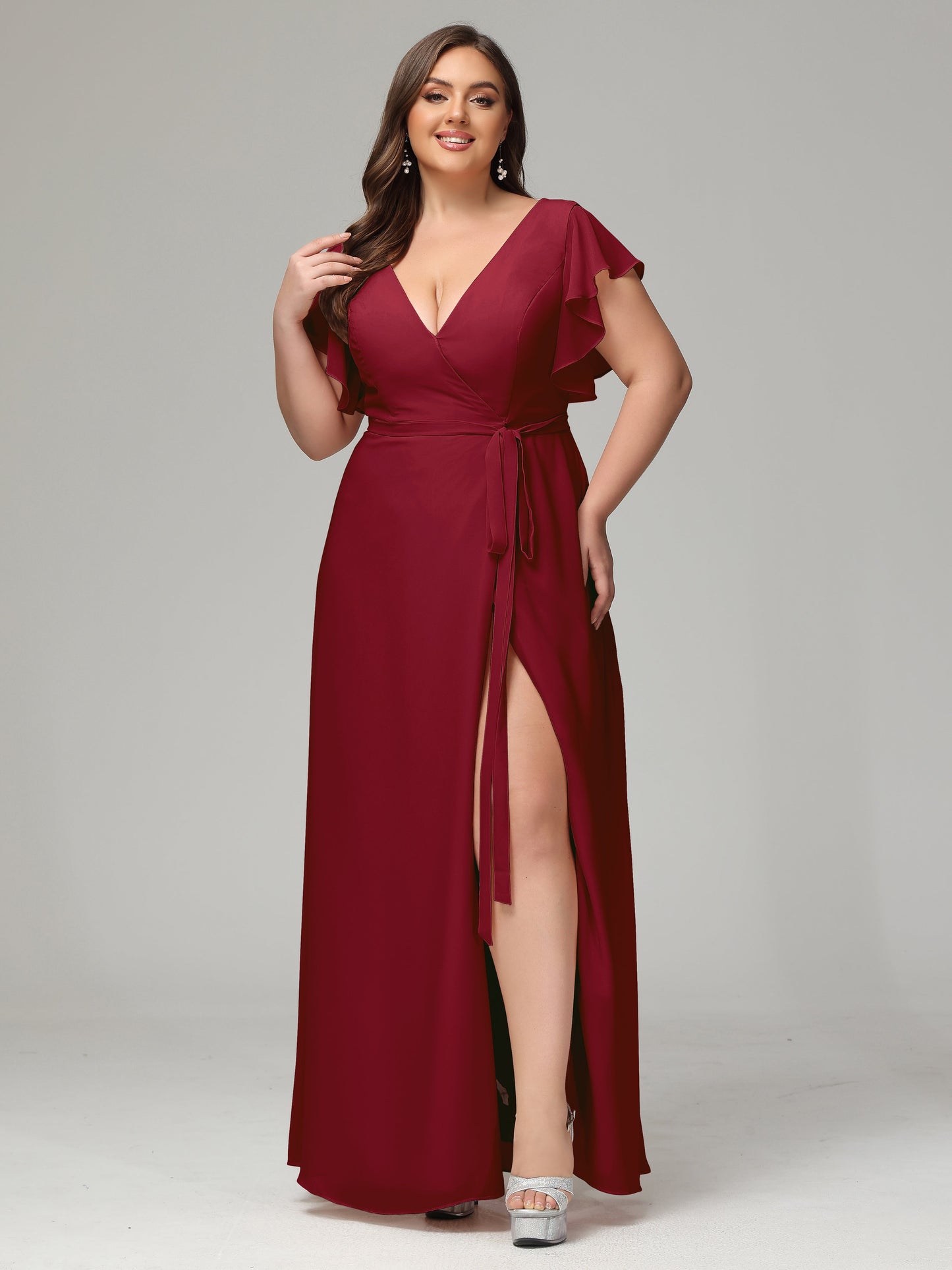 V-neck & Ruffled Sleeves Chiffon Bridesmaid Dress Plus Size