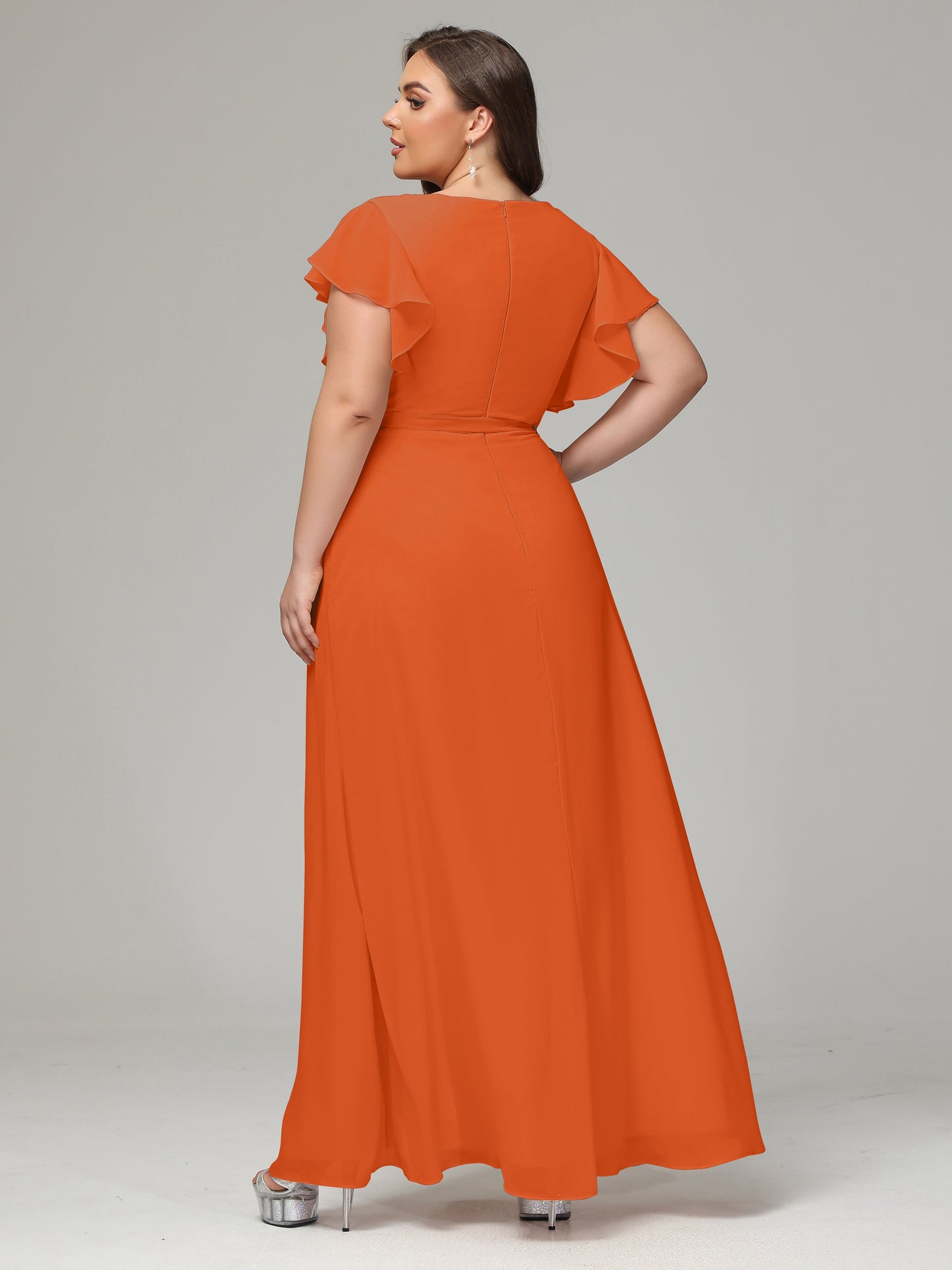V-neck & Ruffled Sleeves Chiffon Bridesmaid Dress Plus Size