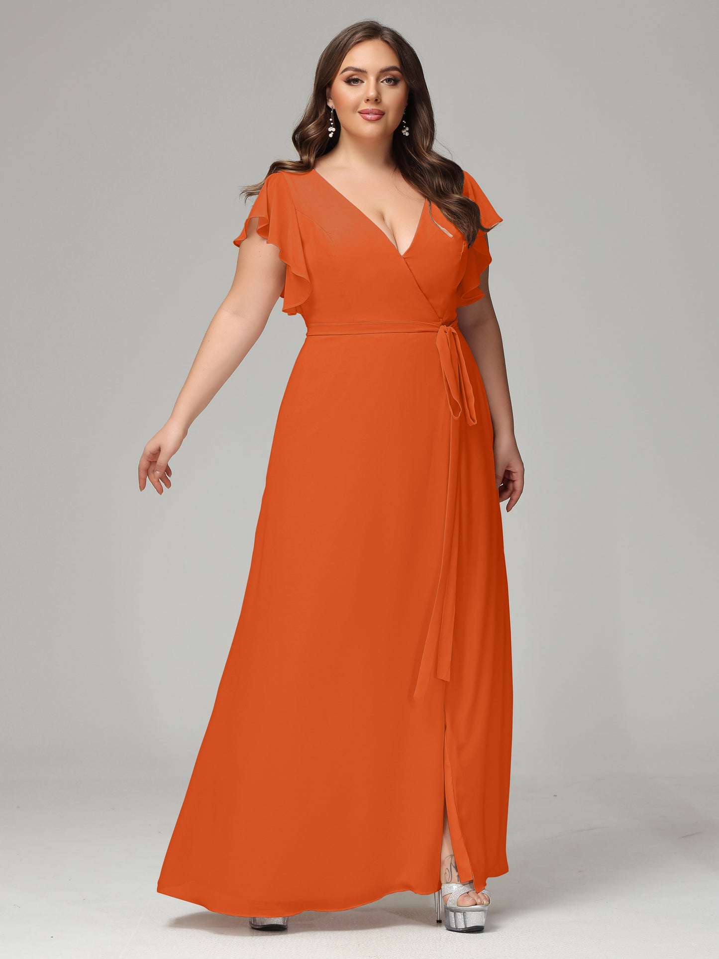 V-neck & Ruffled Sleeves Chiffon Bridesmaid Dress Plus Size