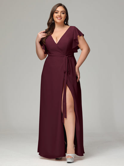 V-neck & Ruffled Sleeves Chiffon Bridesmaid Dress Plus Size