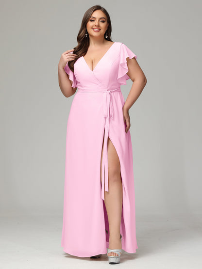 V-neck & Ruffled Sleeves Chiffon Bridesmaid Dress Plus Size
