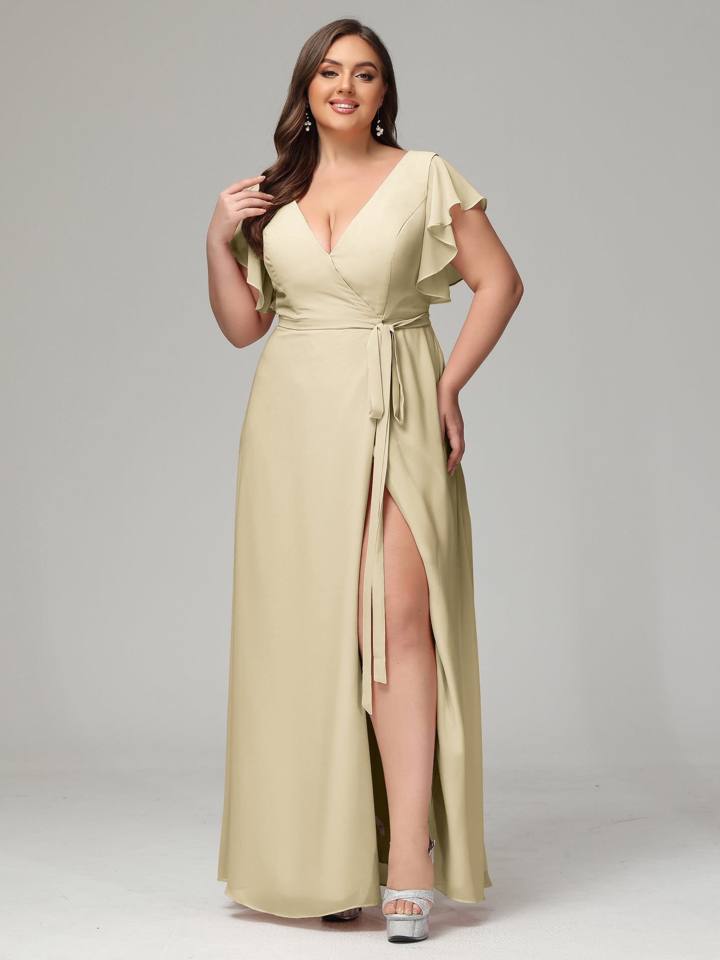 V-neck & Ruffled Sleeves Chiffon Bridesmaid Dress Plus Size