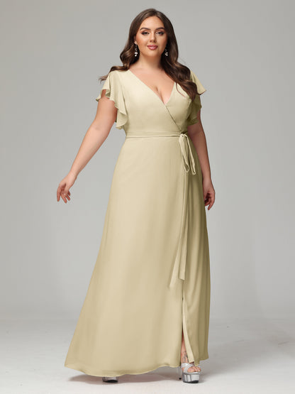 V-neck & Ruffled Sleeves Chiffon Bridesmaid Dress Plus Size