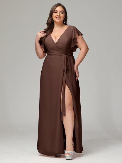 V-neck & Ruffled Sleeves Chiffon Bridesmaid Dress Plus Size