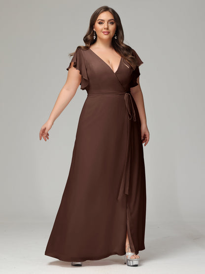 V-neck & Ruffled Sleeves Chiffon Bridesmaid Dress Plus Size