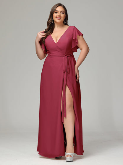 V-neck & Ruffled Sleeves Chiffon Bridesmaid Dress Plus Size