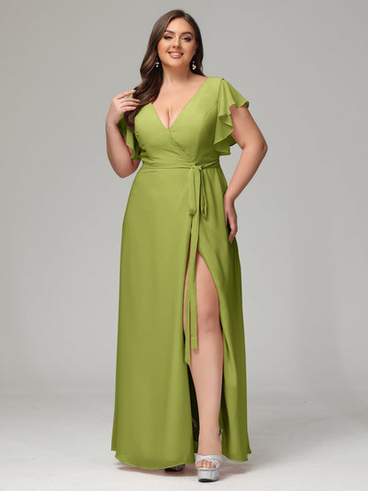 V-neck & Ruffled Sleeves Chiffon Bridesmaid Dress Plus Size