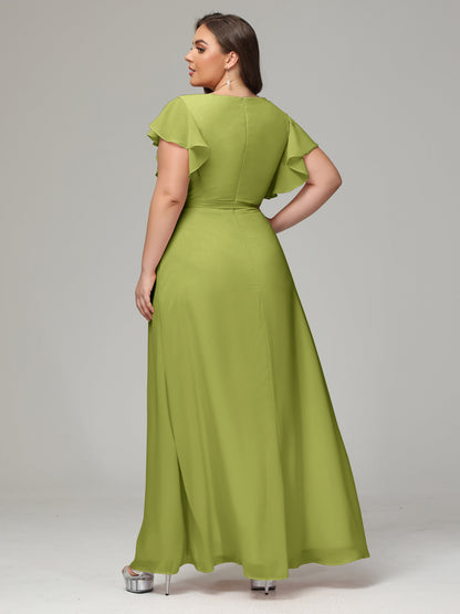 V-neck & Ruffled Sleeves Chiffon Bridesmaid Dress Plus Size