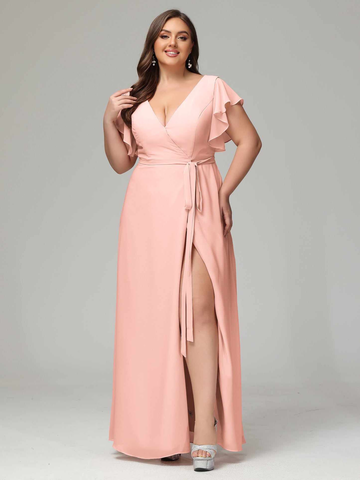 V-neck & Ruffled Sleeves Chiffon Bridesmaid Dress Plus Size