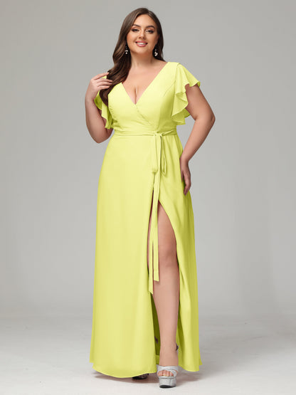 V-neck & Ruffled Sleeves Chiffon Bridesmaid Dress Plus Size