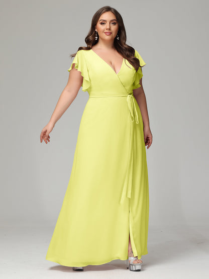 V-neck & Ruffled Sleeves Chiffon Bridesmaid Dress Plus Size