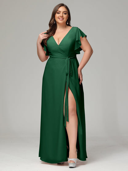 V-neck & Ruffled Sleeves Chiffon Bridesmaid Dress Plus Size