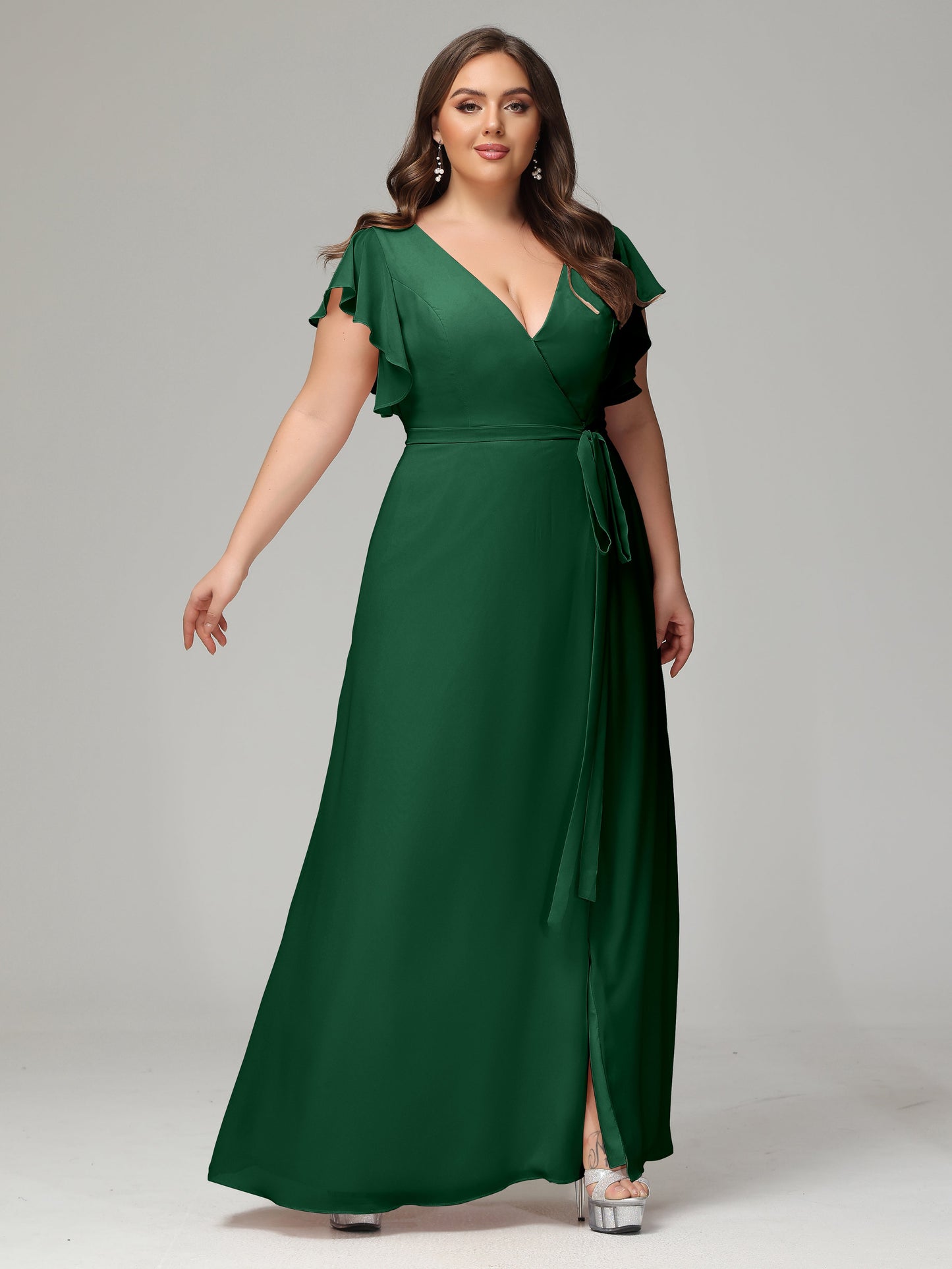V-neck & Ruffled Sleeves Chiffon Bridesmaid Dress Plus Size