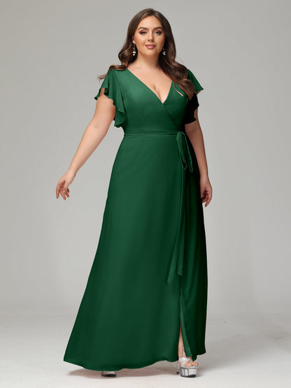 V-neck & Ruffled Sleeves Chiffon Bridesmaid Dress Plus Size