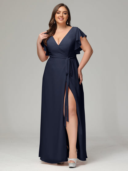 V-neck & Ruffled Sleeves Chiffon Bridesmaid Dress Plus Size
