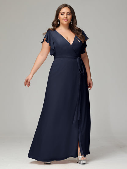 V-neck & Ruffled Sleeves Chiffon Bridesmaid Dress Plus Size