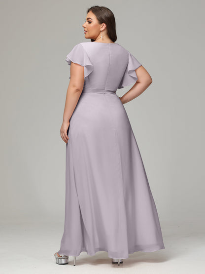 V-neck & Ruffled Sleeves Chiffon Bridesmaid Dress Plus Size