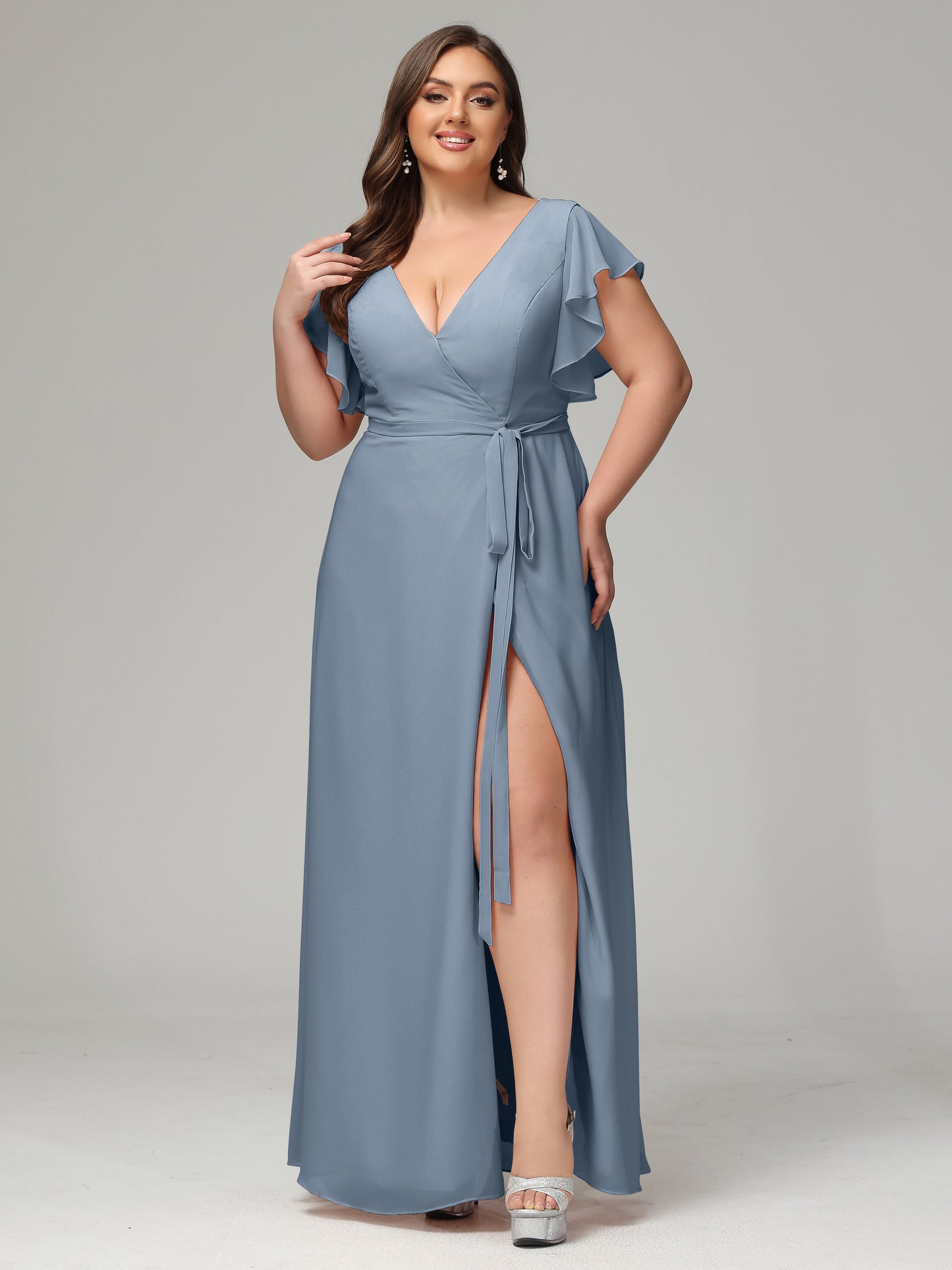 V-neck & Ruffled Sleeves Chiffon Bridesmaid Dress Plus Size