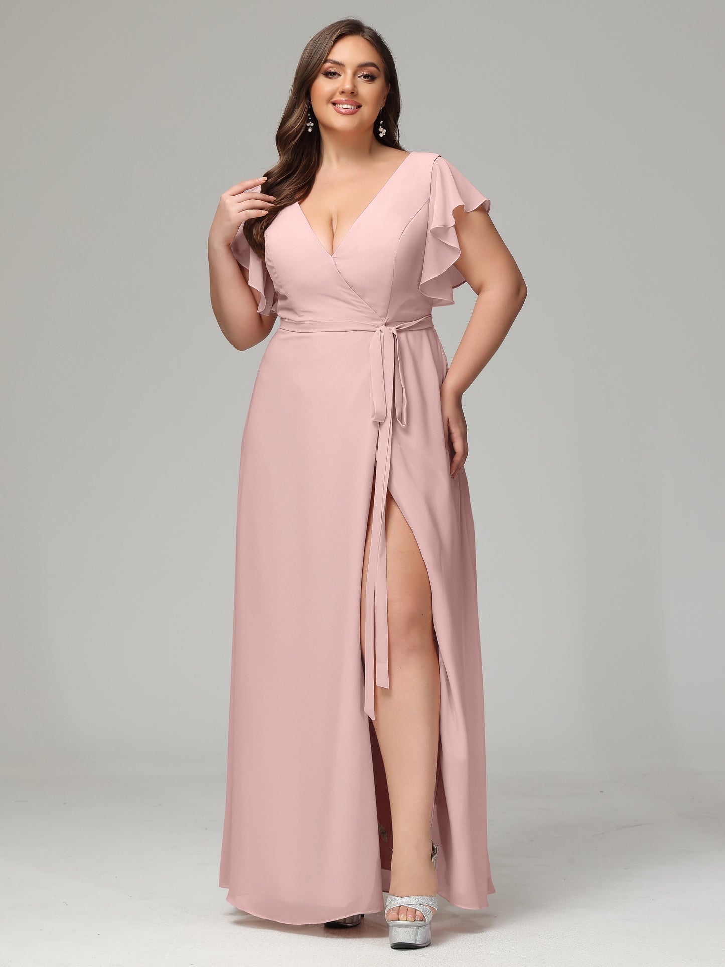 V-neck & Ruffled Sleeves Chiffon Bridesmaid Dress Plus Size