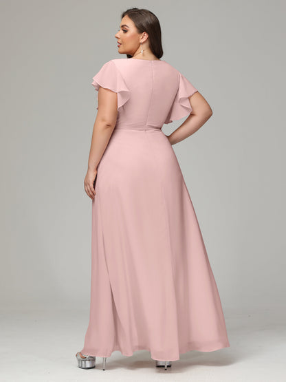 V-neck & Ruffled Sleeves Chiffon Bridesmaid Dress Plus Size